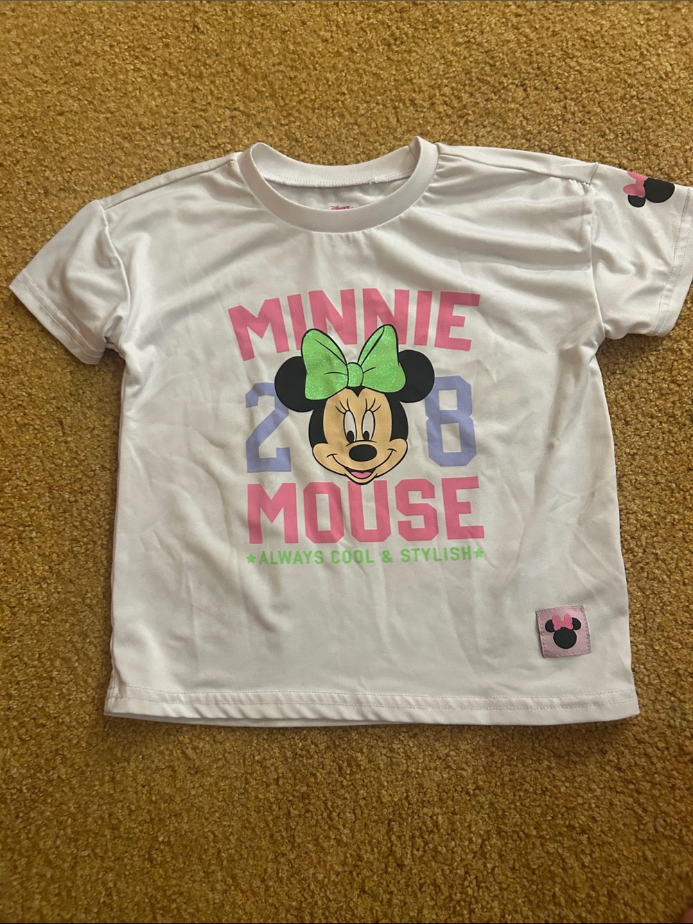 Disney White Minnie Mouse Tee with Pink, Green & Purple Graphics